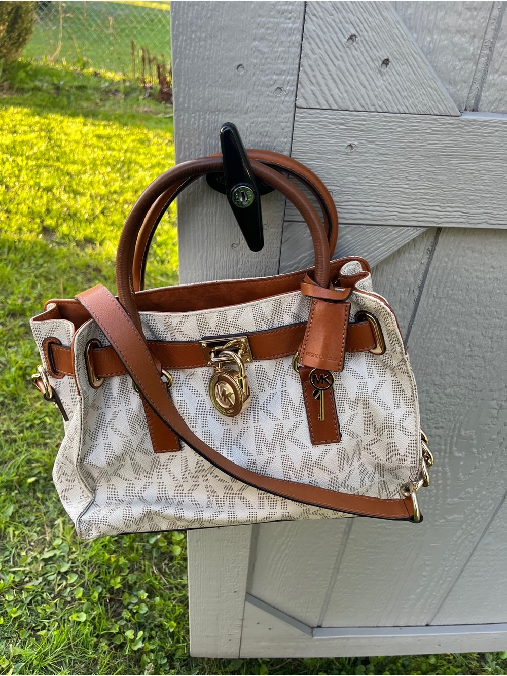 Michael Kors White Signature Satchel with Brown Trim